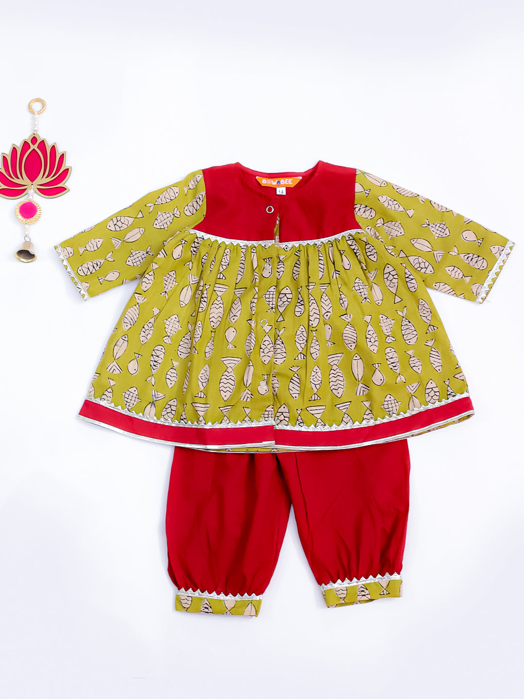 BownBee Fish Fun Dhoti Kurta & Fin-Tastic Kurta With Harrem Sibling Set - Red