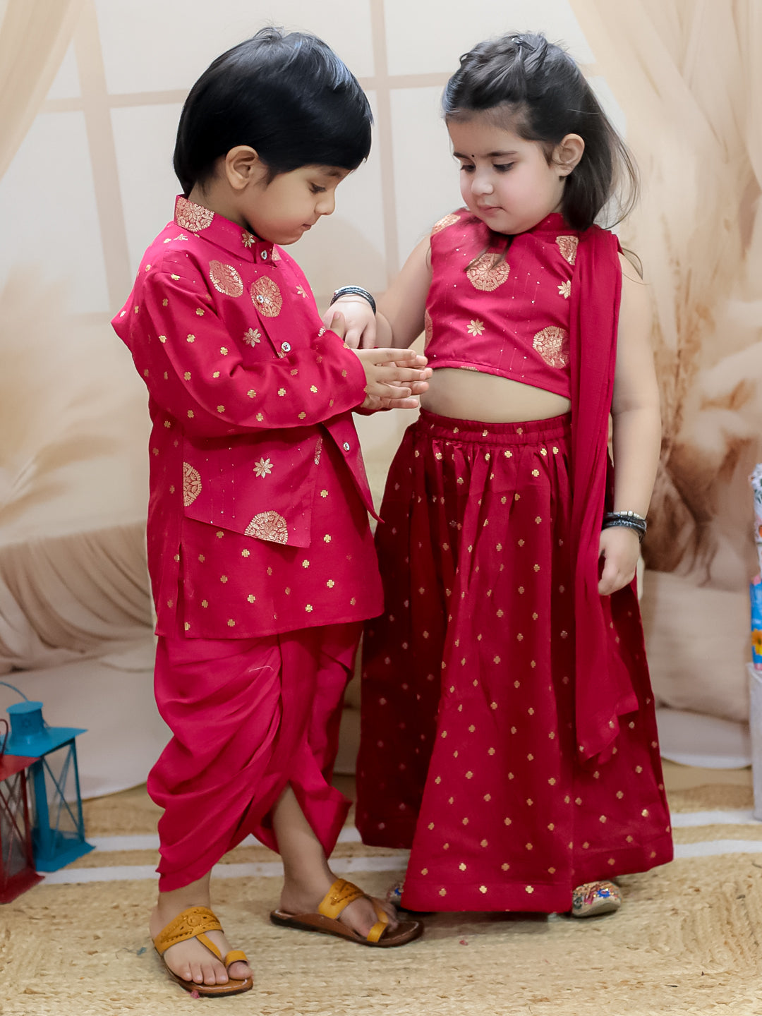 BownBee Sibling Set Pure Chanderi Jacket with Lining Kurta Dhoti with Back Open Choli Lehenga & Dupatta- Maroon