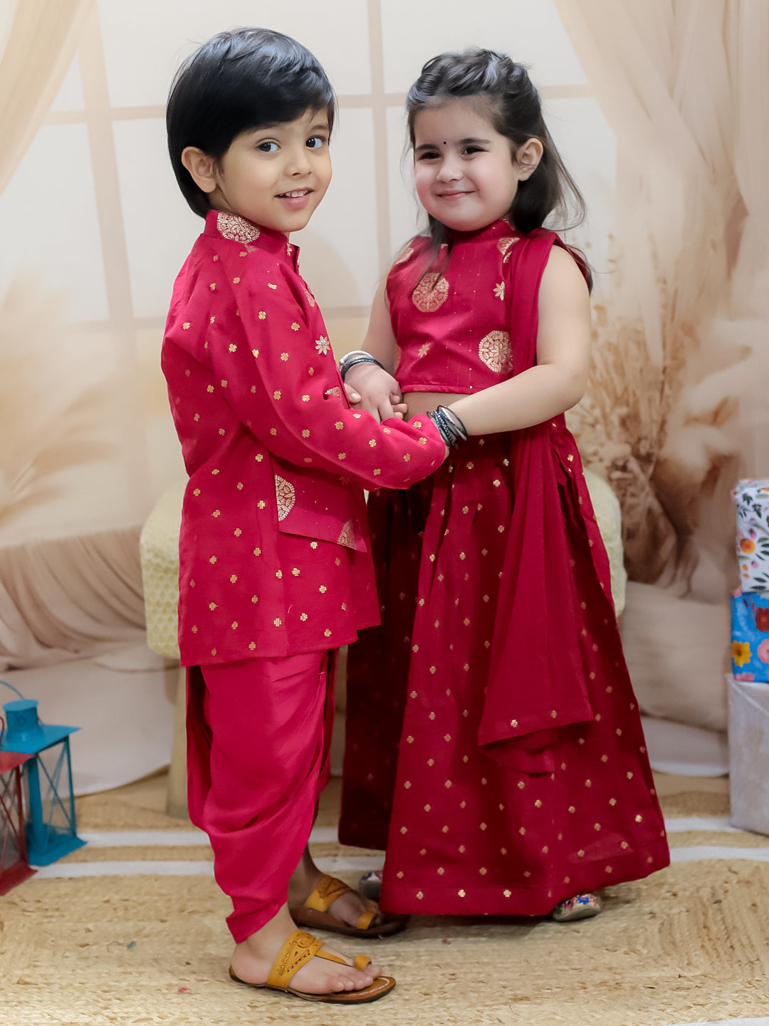 BownBee Sibling Set Pure Chanderi Jacket with Lining Kurta Dhoti with Back Open Choli Lehenga & Dupatta- Maroon