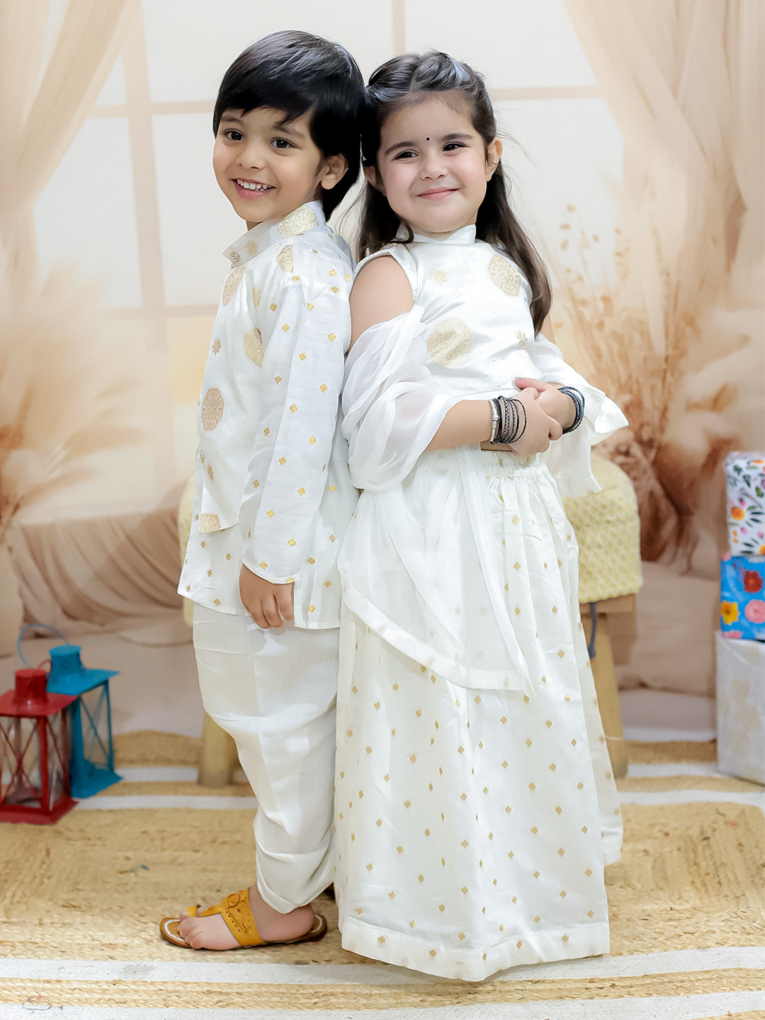 BownBee Sibling Set Pure Chanderi Jacket with Lining Kurta Dhoti with Back Open Choli Lehenga & Dupatta- White