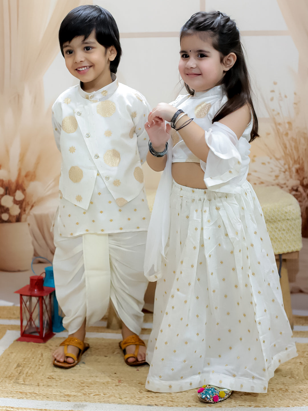 BownBee Sibling Set Pure Chanderi Jacket with Lining Kurta Dhoti with Back Open Choli Lehenga & Dupatta- White