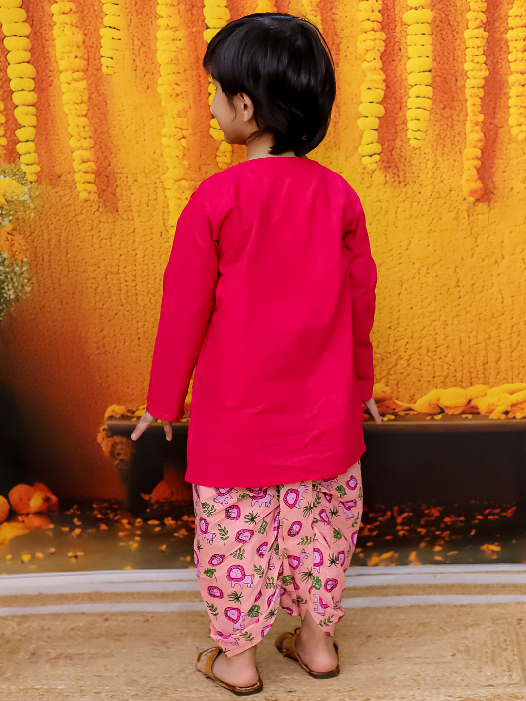 BownBee Pure Cotton Embroidery Kurta with Printed Dhoti for Boys- Pink