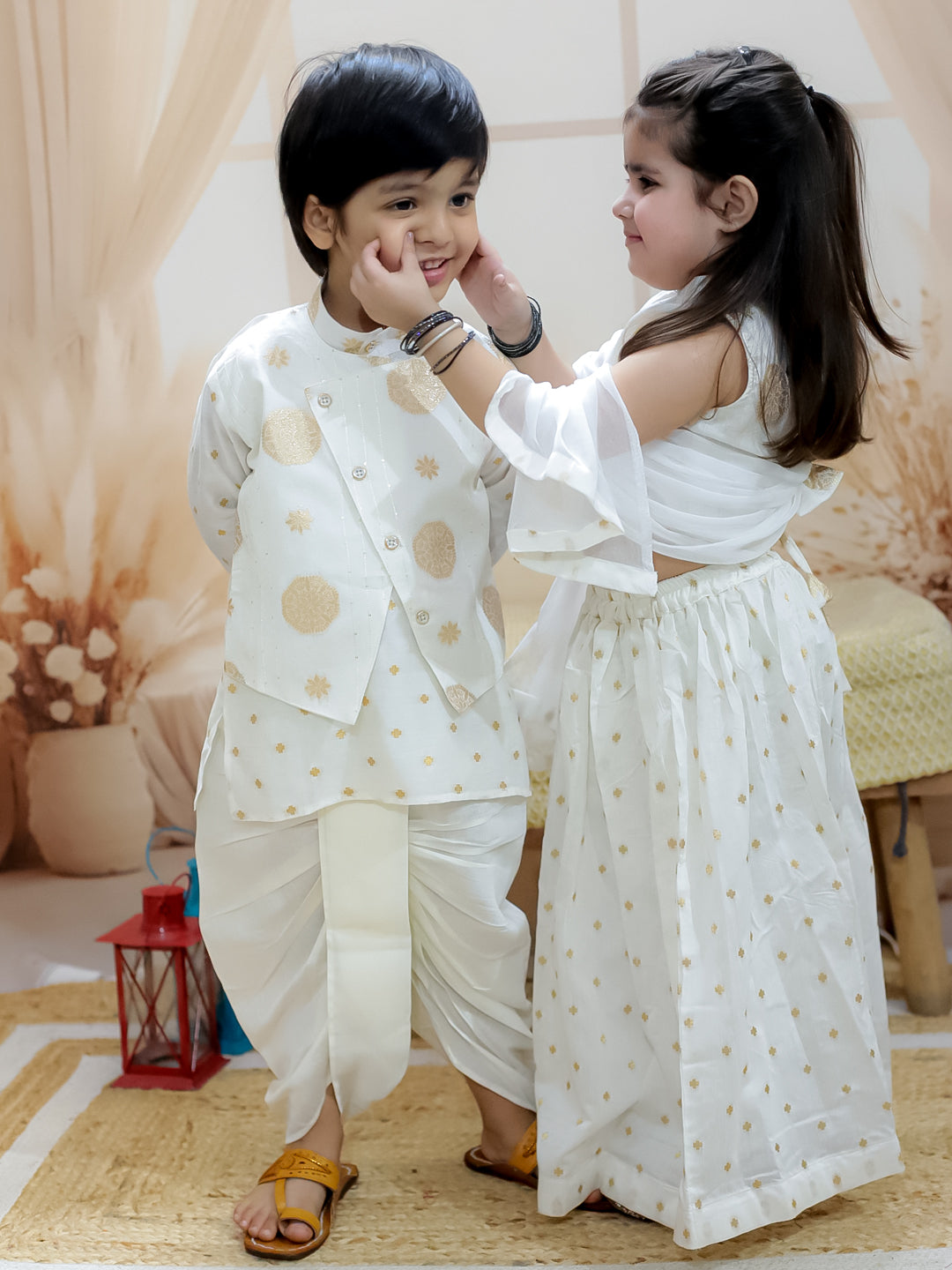 BownBee Sibling Set Pure Chanderi Jacket with Lining Kurta Dhoti with Back Open Choli Lehenga & Dupatta- White