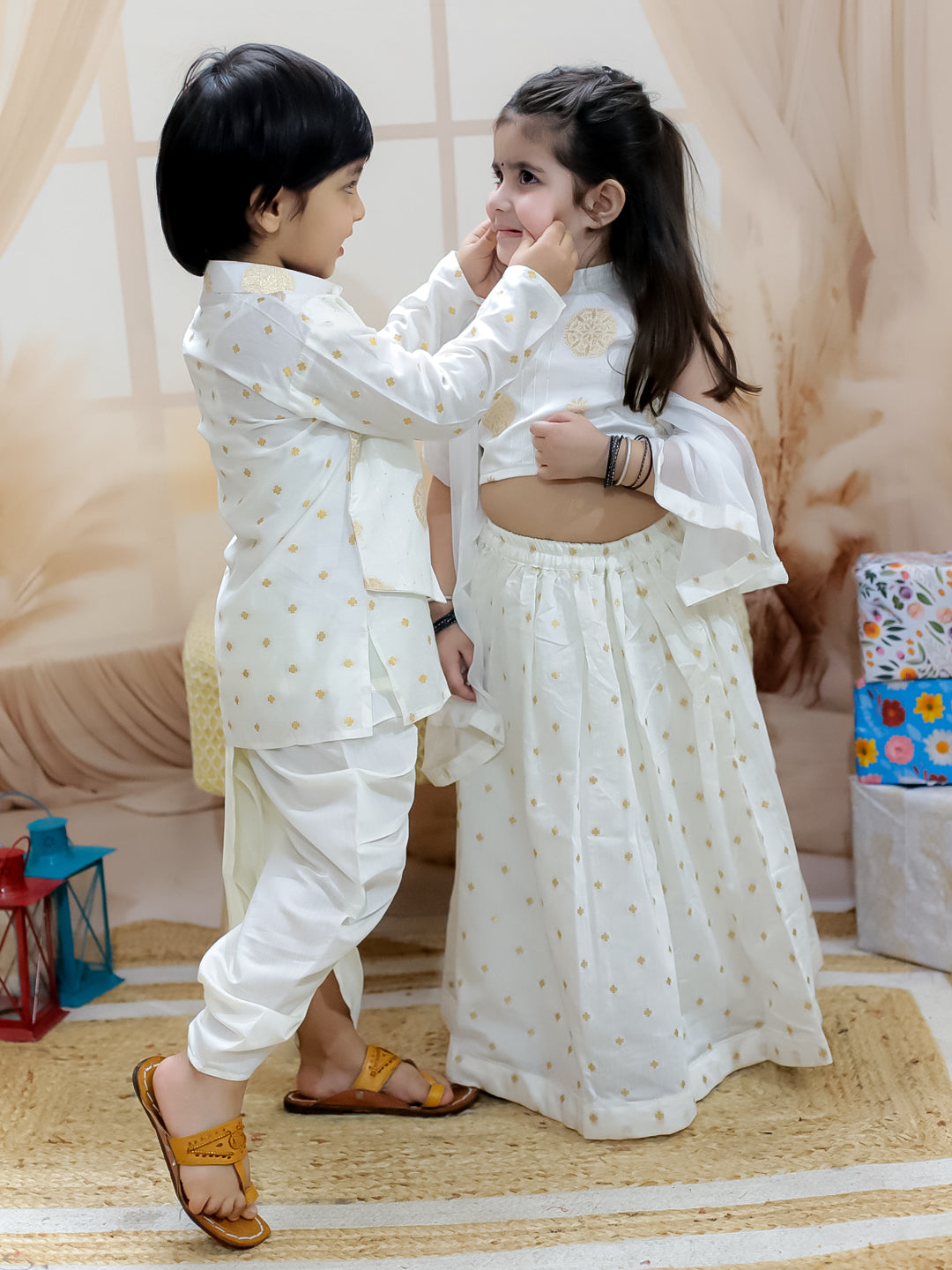 BownBee Sibling Set Pure Chanderi Jacket with Lining Kurta Dhoti with Back Open Choli Lehenga & Dupatta- White