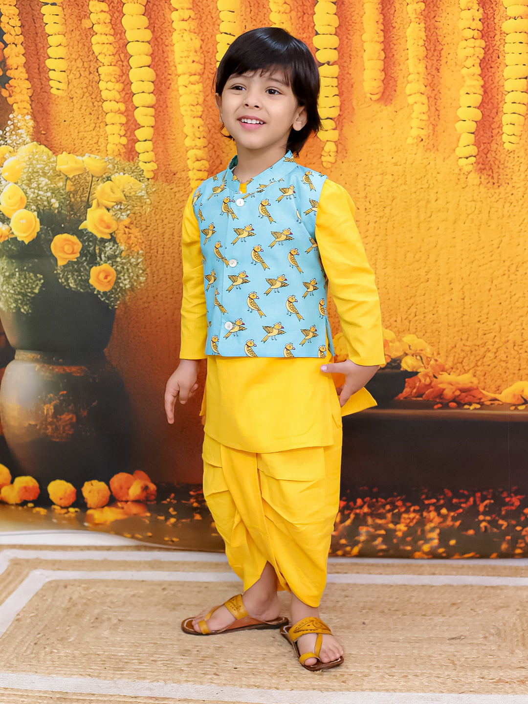 BownBee Pure Cotton Jacket with Full Sleeve Kurta Dhoti Set For Boys- Blue