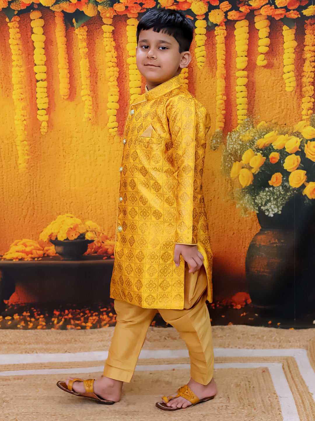 BownBee Jacquard Full Sleeve Sherwani with Salwar for Boys- Yellow