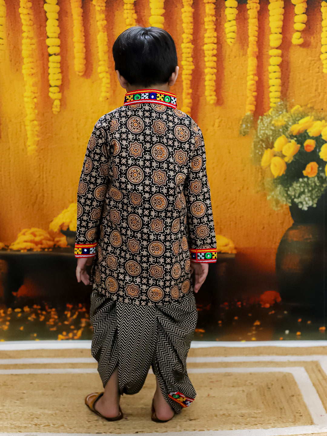 BownBee  Embroidered Printed Cotton Kurta Dhoti Set for Boys- Black