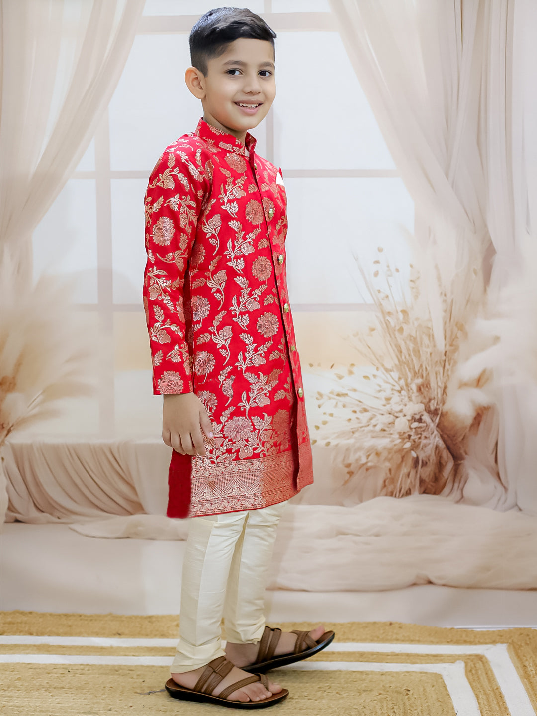 BownBee Front Open Jacquard Sherwani with Pajama Set for Boys- Red