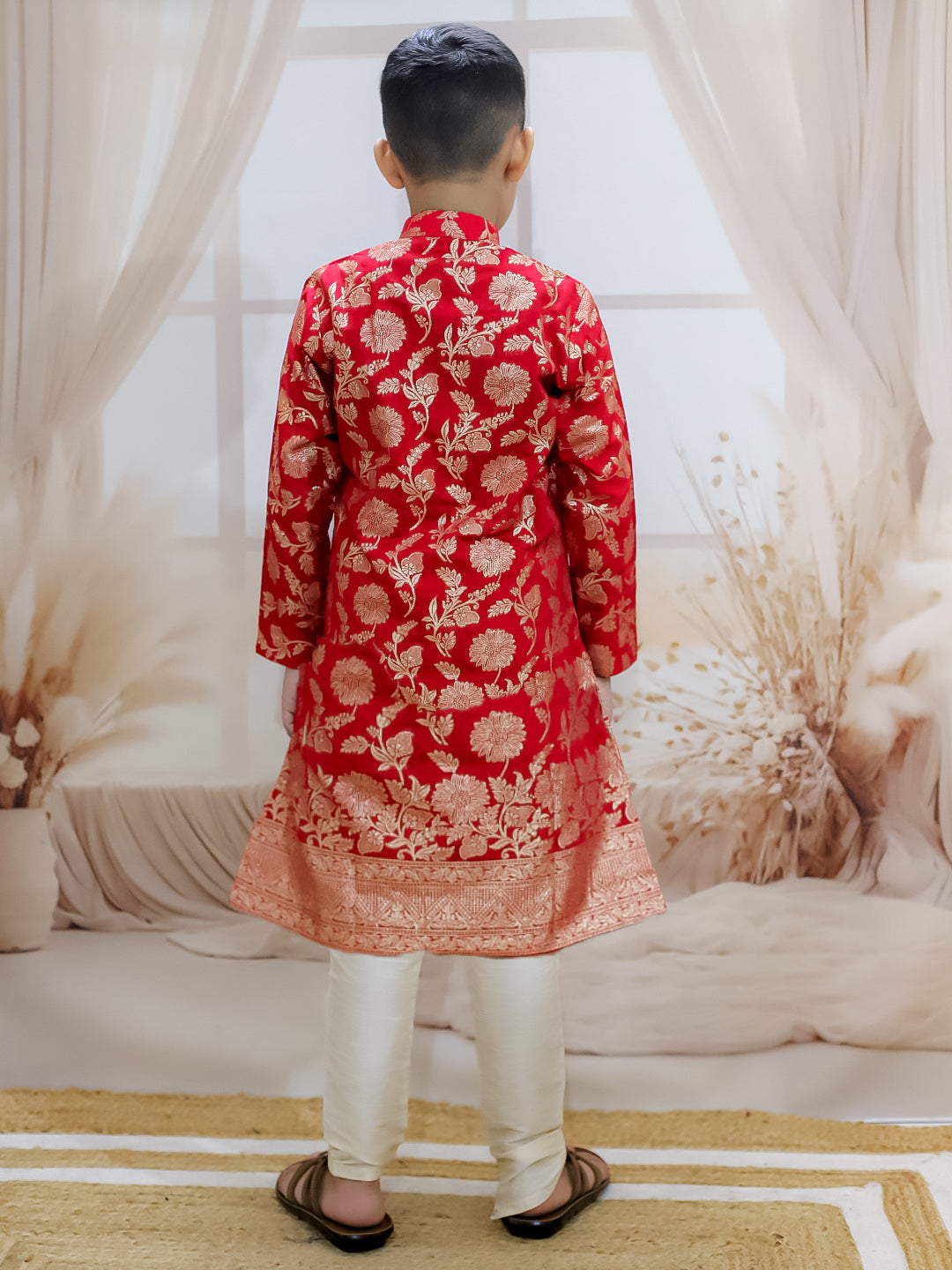 BownBee Front Open Jacquard Sherwani with Pajama Set for Boys- Red