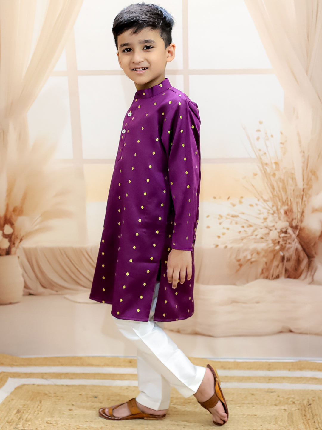 BownBee Malang zari kurta Pyjama & Dhunki Zari Kurta With Tulip Salwaar With Net Dupatta Sibling Set - Purple