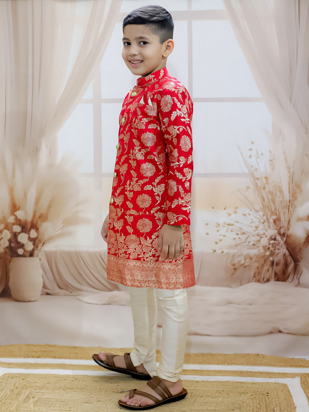 BownBee Front Open Jacquard Sherwani with Pajama Set for Boys- Red