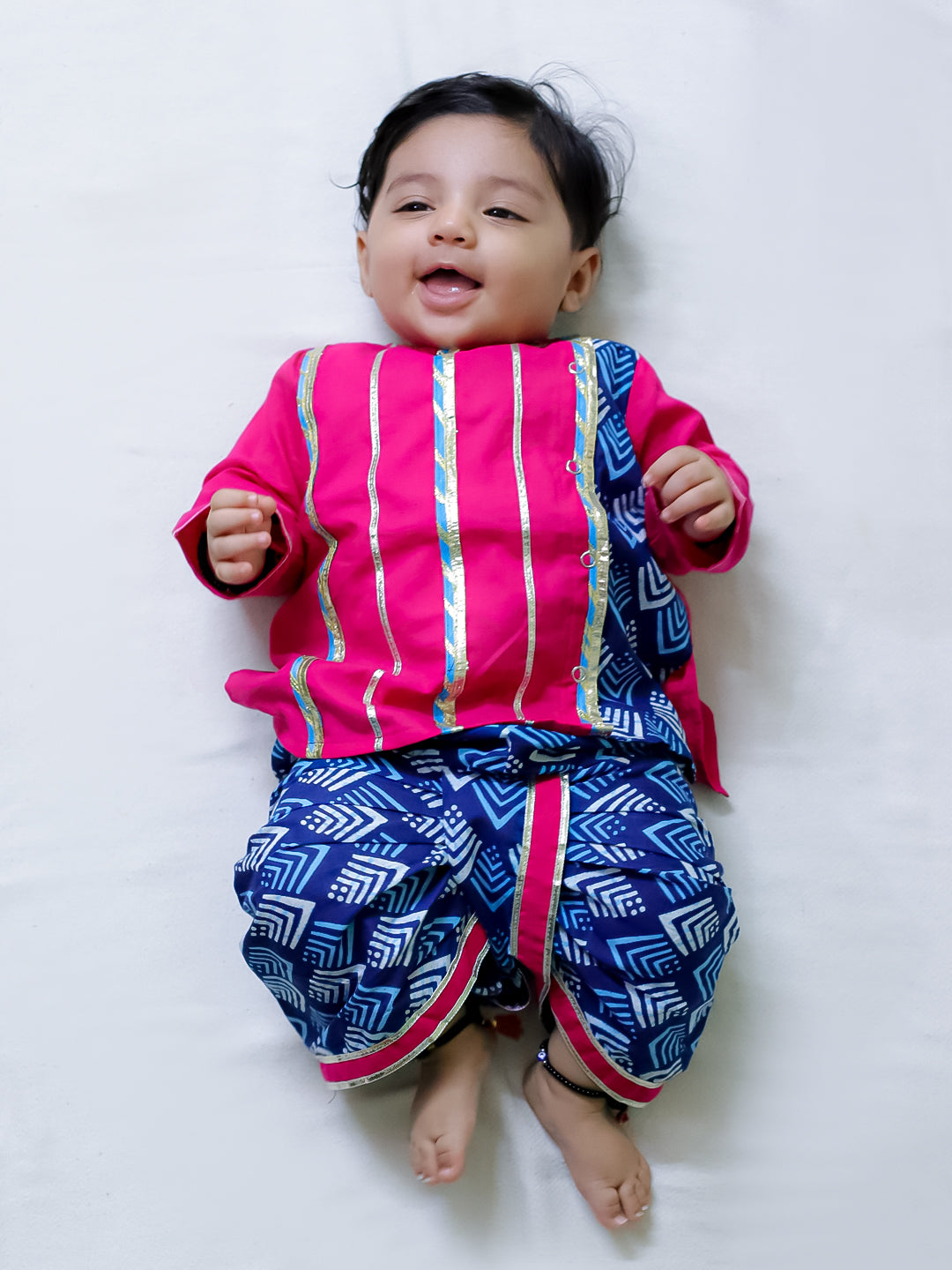 BownBee Cosmic Indigo Dhoti Kurta & Midnight Mirrage Lehanga Choli Sibling Set -Pink/Blue