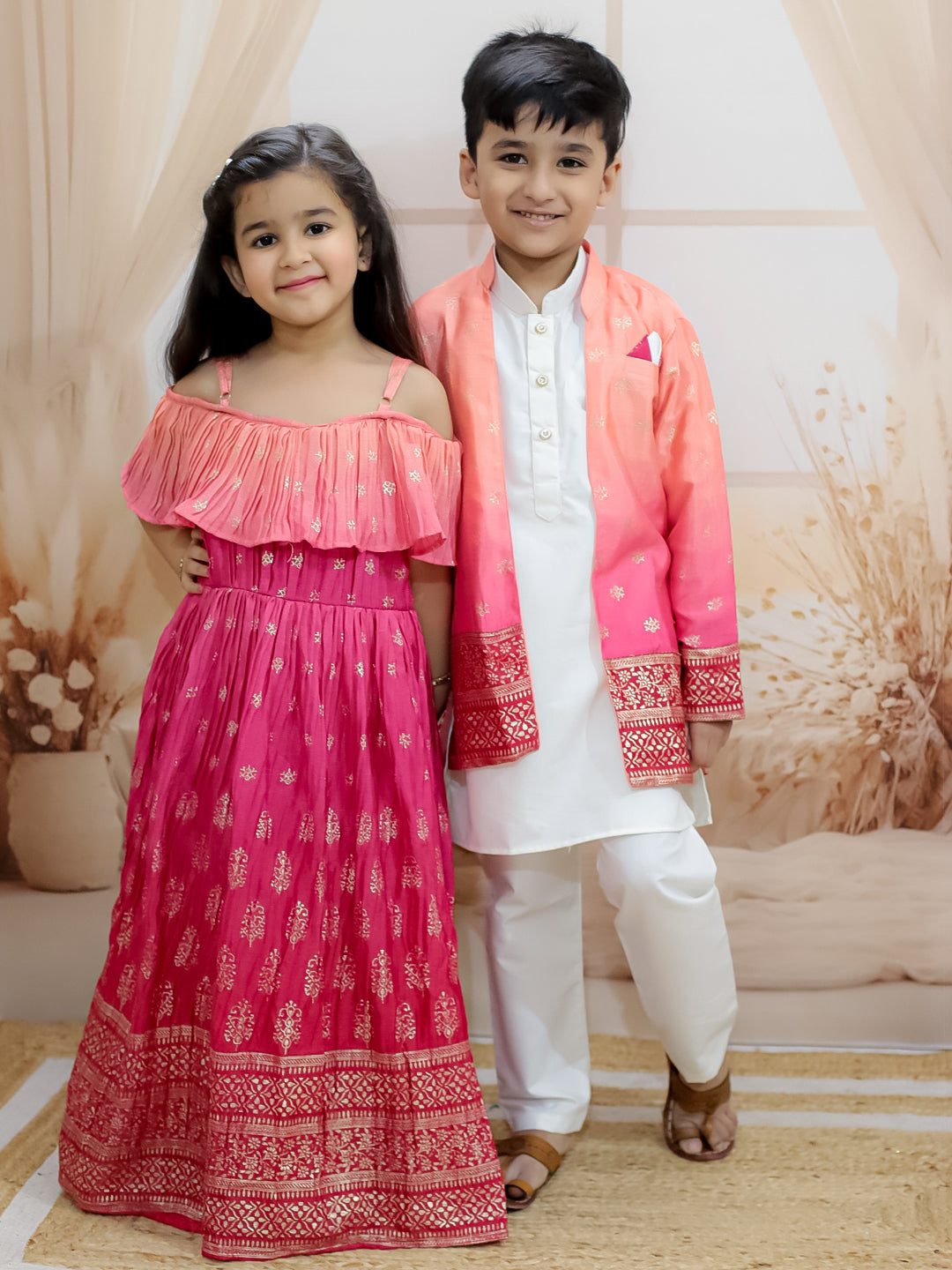 BownBee Sibling Set Shaded Long Jacket with Cotton Kurta Pajama with Off Shoulder Gown Dress- Pink