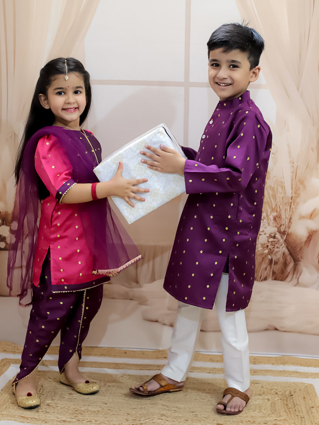 BownBee Malang zari kurta Pyjama & Dhunki Zari Kurta With Tulip Salwaar With Net Dupatta Sibling Set - Purple