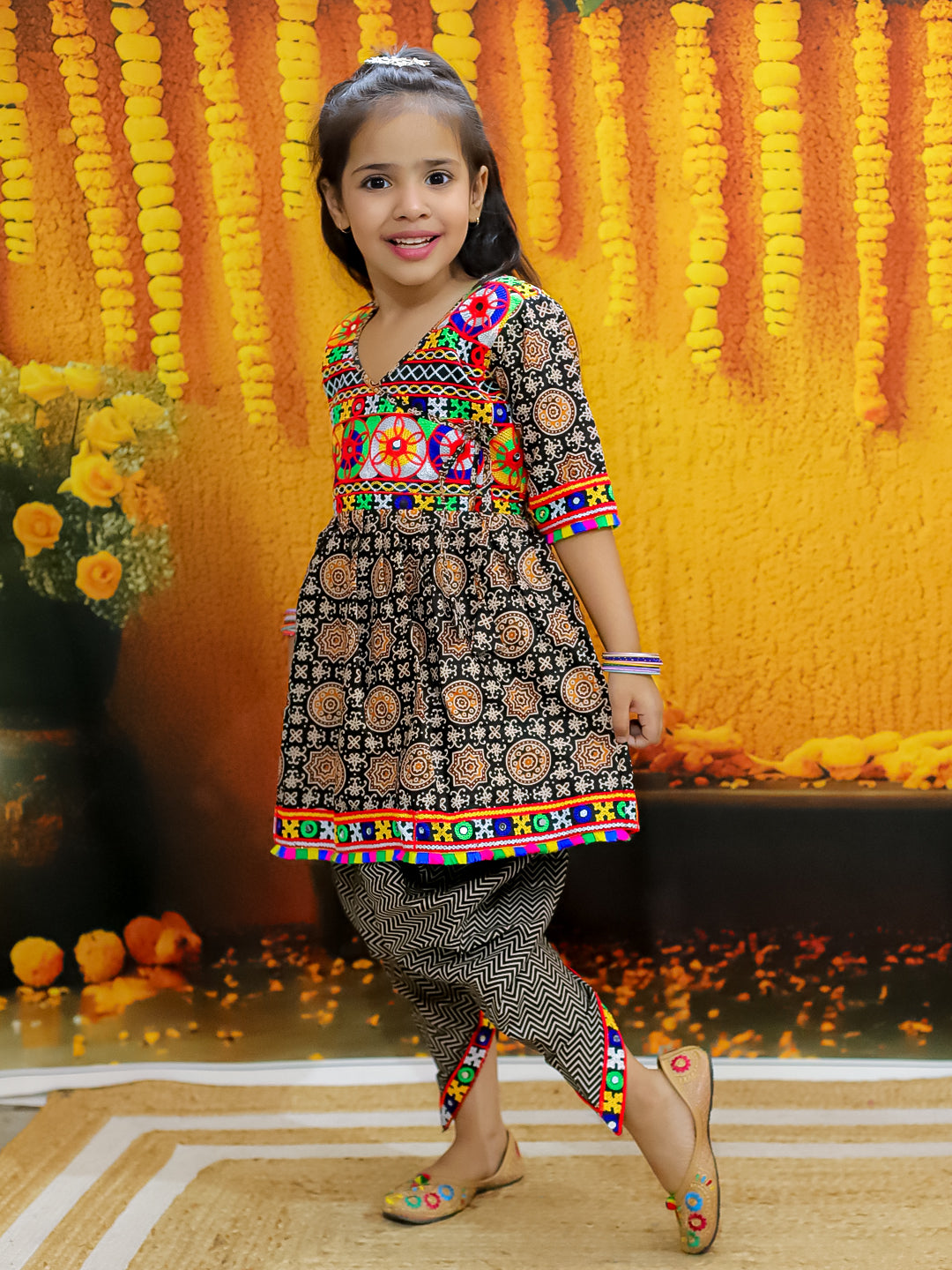 BownBee  Embroidered Printed Cotton Top with Cotton Dhoti for Girls- Black