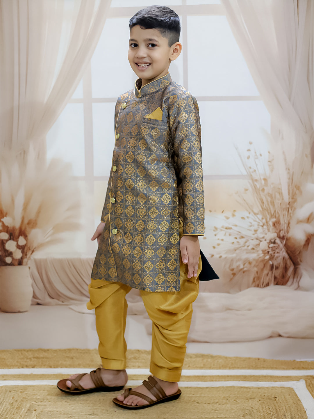 BownBee Jacquard Full Sleeve Sherwani with Salwar for Boys- Gray