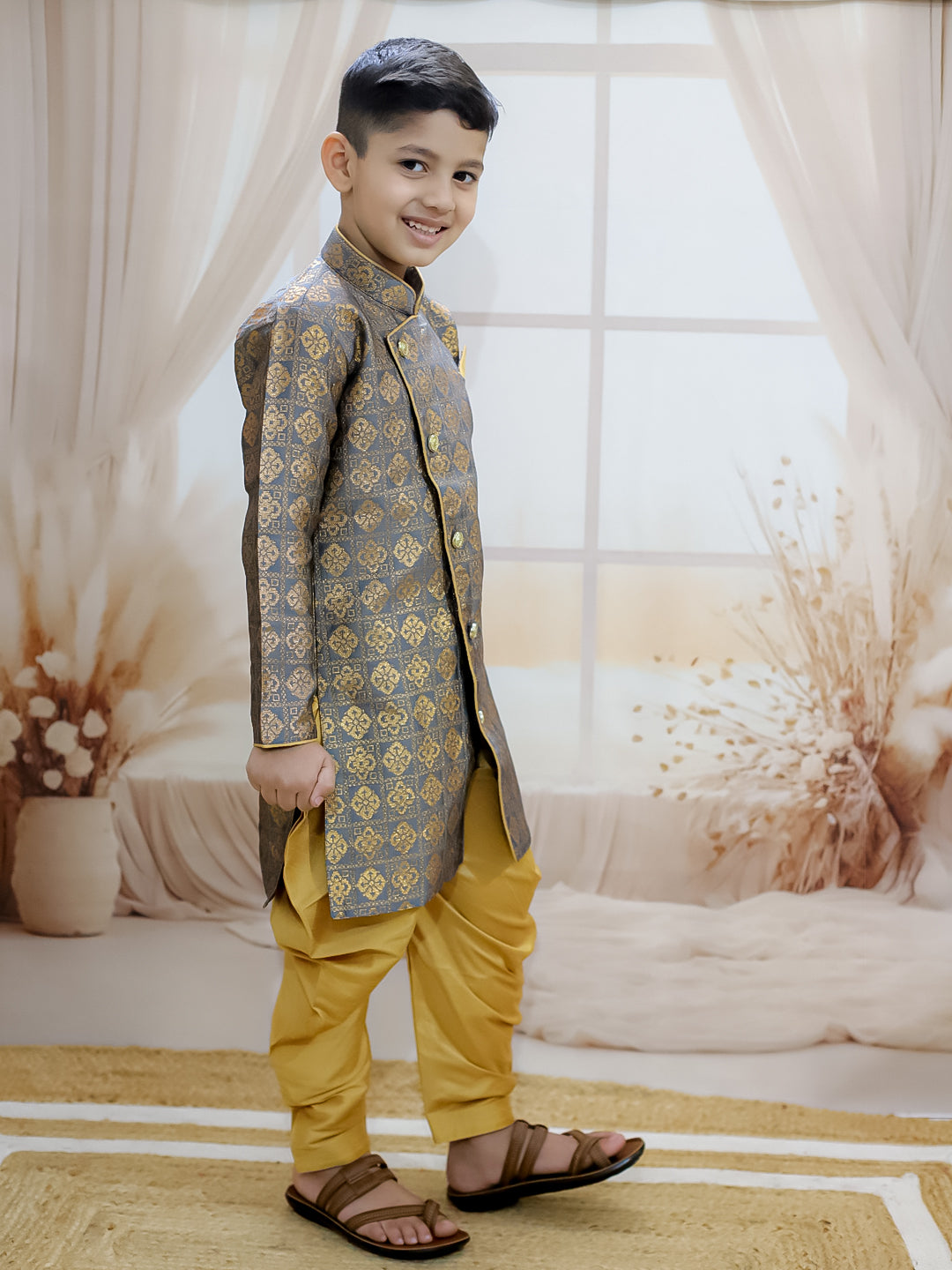 BownBee Jacquard Full Sleeve Sherwani with Salwar for Boys- Gray