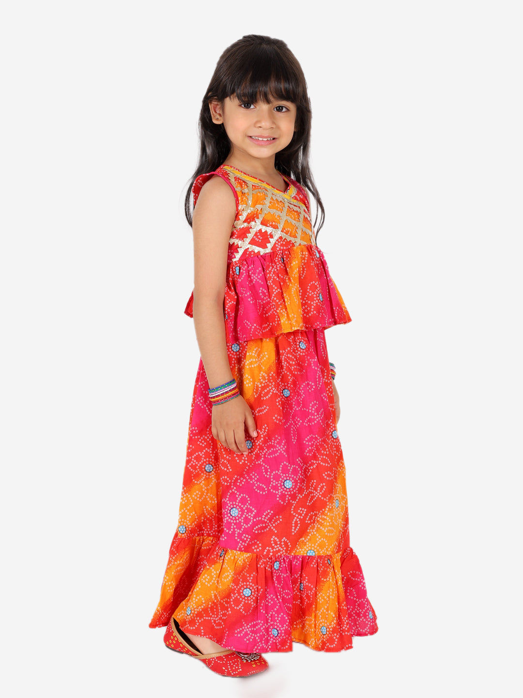 BownBee Pure Cotton Ethnic Bandhani Print Sleeveless Frill Lehenga Choli for Girls- Red