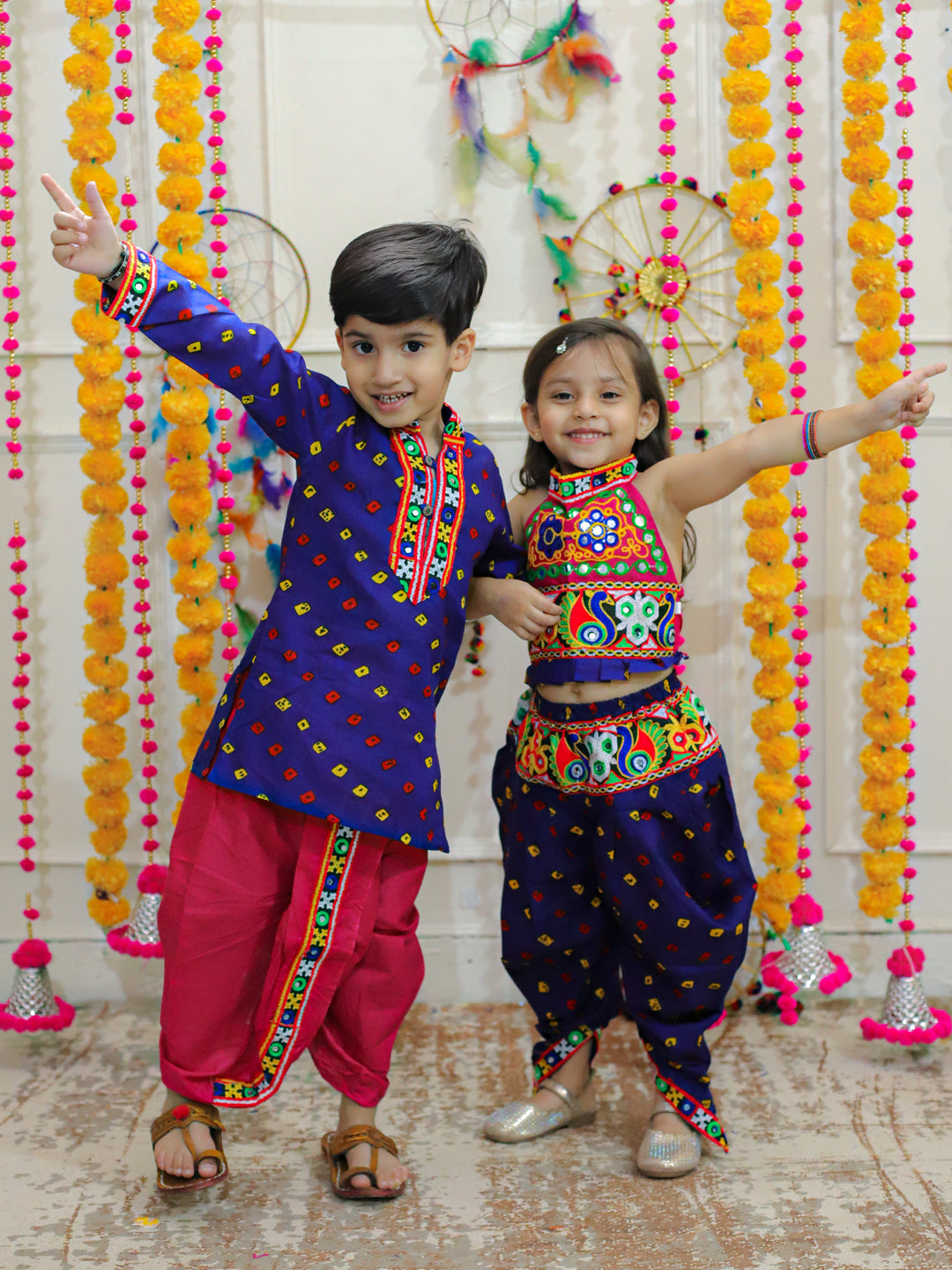 BownBee Blue Bandhani Cotton Dhoti Kurta Set and Choli with Dhoti for Kids - Sibling Set