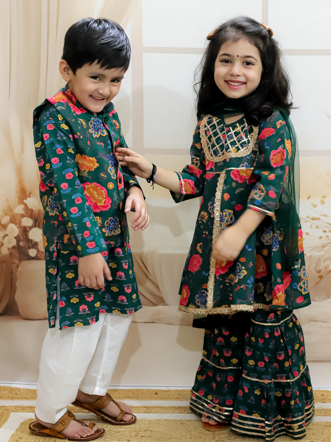 BownBee Pure Cotton Printed Kurta Pajama and Jacket Set for Boys with Pure Cotton Kurta Sharara Dupatta Set for Girls - Green