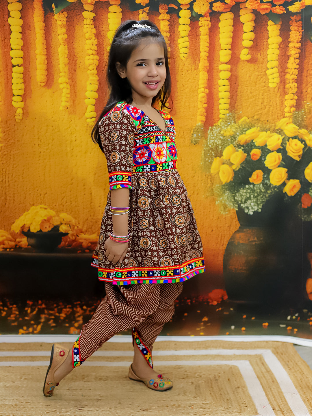 BownBee  Embroidered Printed Cotton Top with Cotton Dhoti for Girls- Maroon