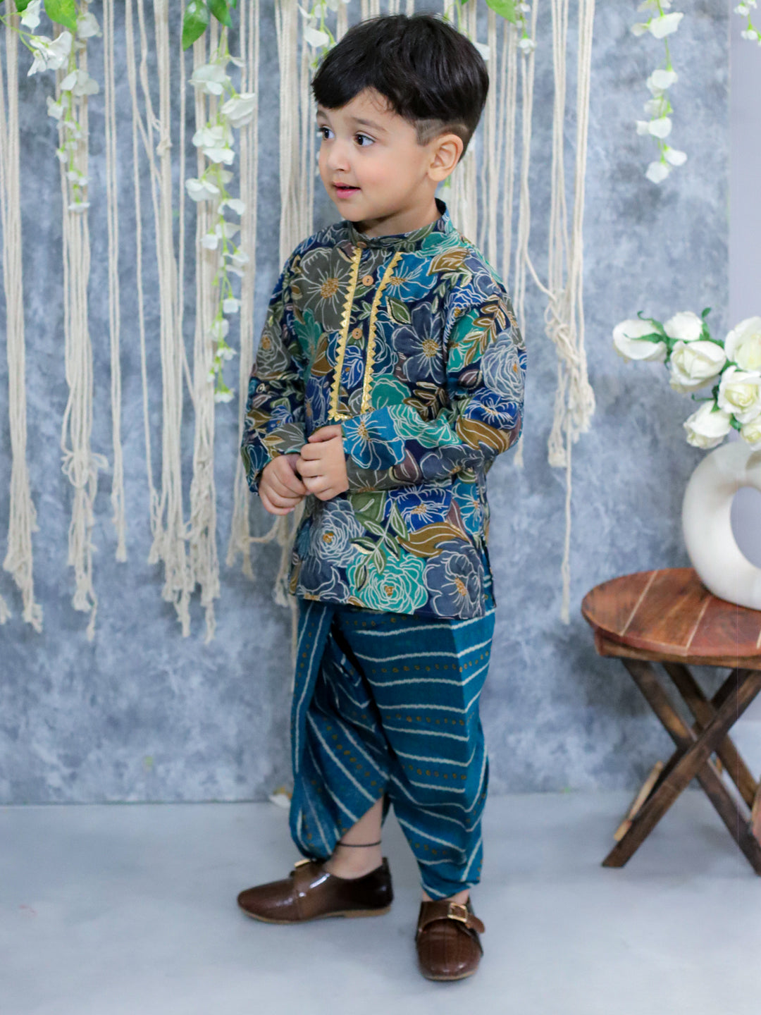 BownBee Printed Full Sleeve Kurta Dhoti for Boys- Blue