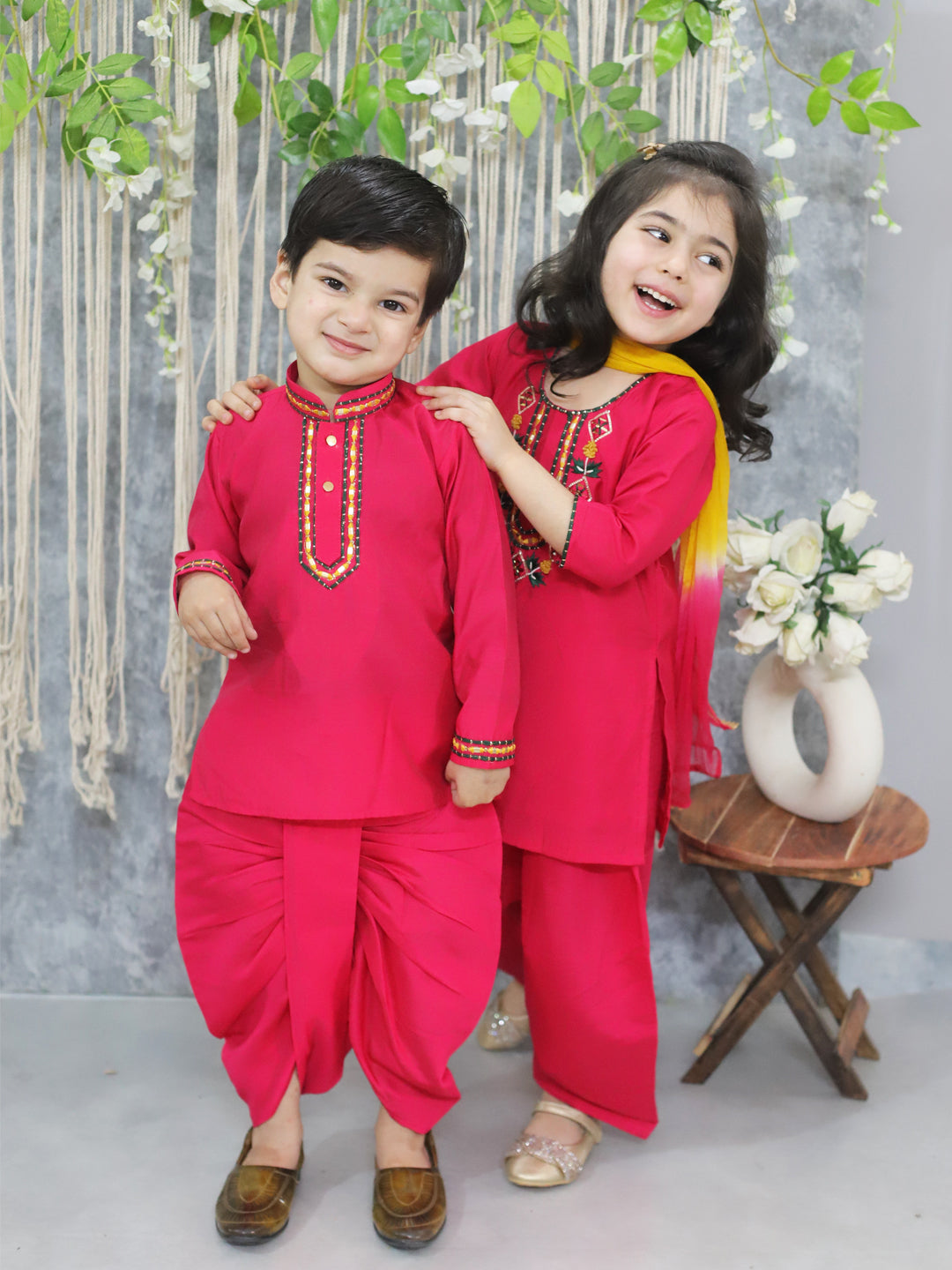 BownBee Embroidered Full Sleeve Dhoti Kurta & Salwaar Suit with Dupatta Sibling Set- Pink