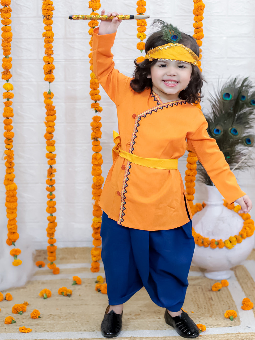 BownBee Cotton Full Sleeve Kurta Dhoti with Mukut Belt and Bansuri Kanhaiya Set- Orange