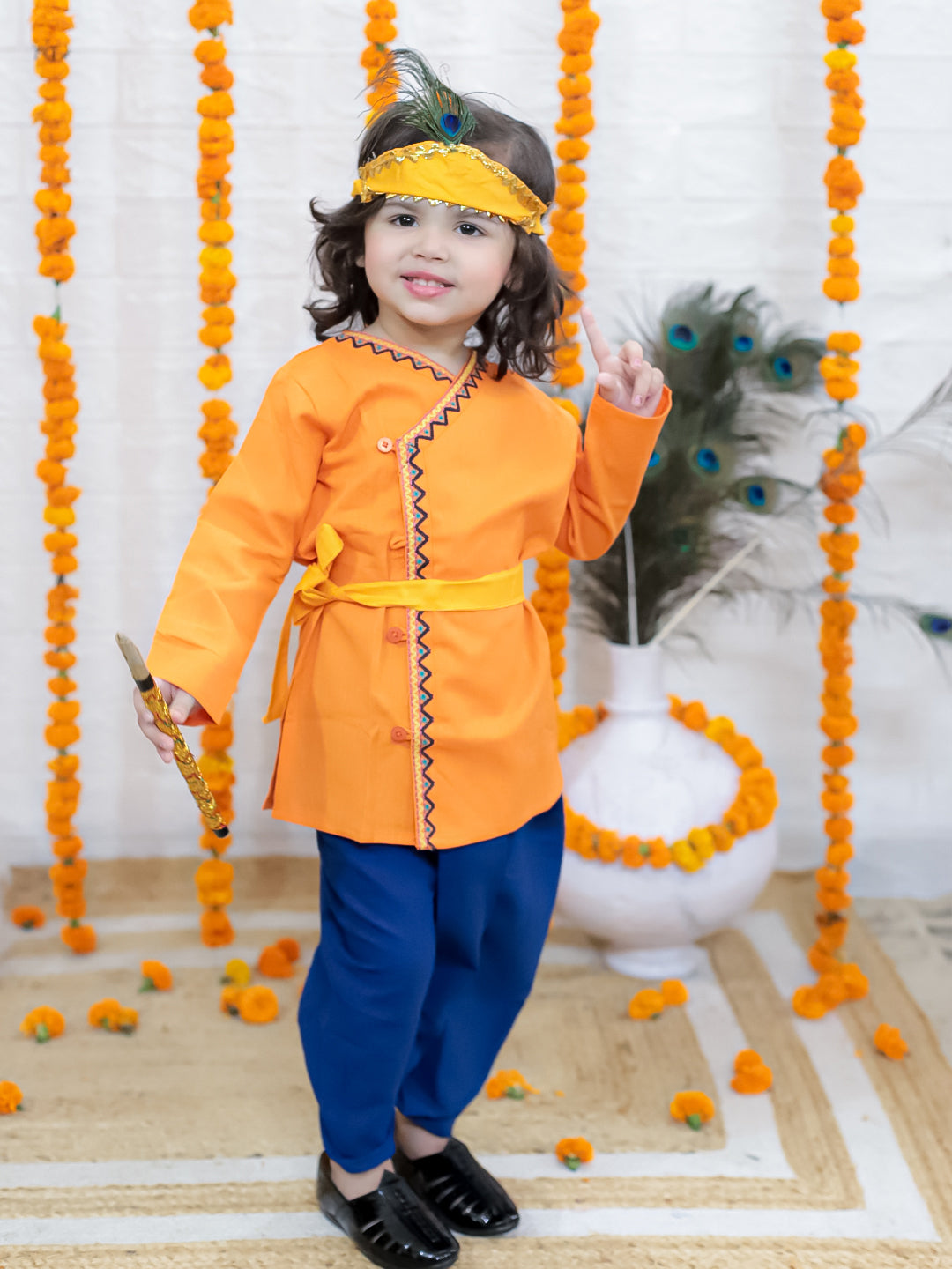 BownBee Cotton Full Sleeve Kurta Dhoti with Mukut Belt and Bansuri Kanhaiya Set- Orange