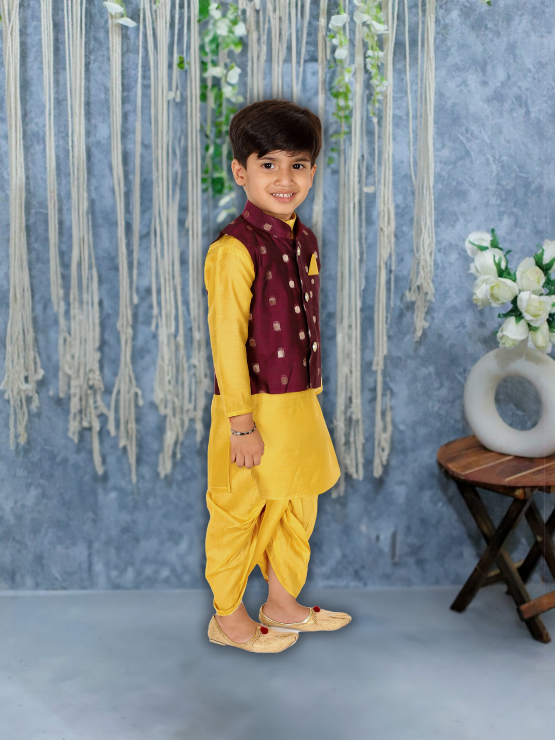 BownBee Chanderi Jacket with Chanderi Dhoti Kurta for Boys- Purple