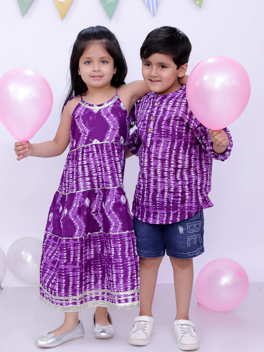 BownBee Pure Cotton Bandhani Short Kurta And Tier Dress Sibling Set - Purple