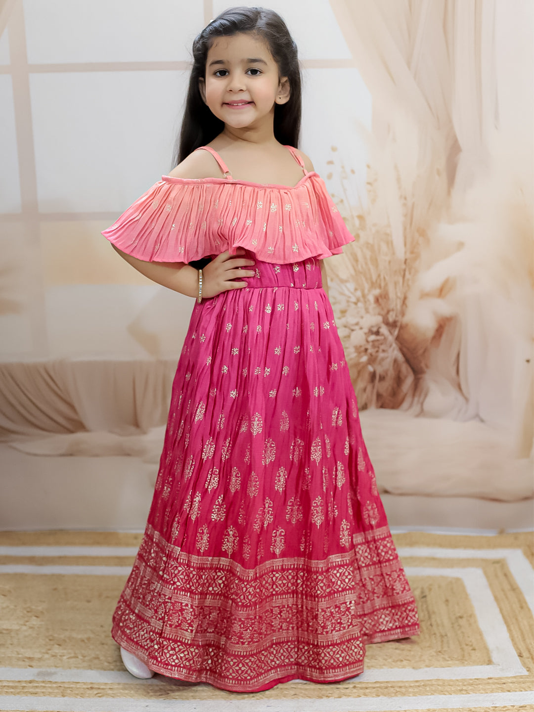 BownBee Sibling Set Shaded Long Jacket with Cotton Kurta Pajama with Off Shoulder Gown Dress- Pink