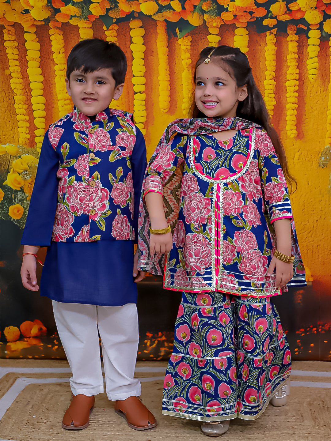 BownBee Pure Cotton Kurta Pajama Printed Jacket Set for Boys with Printed Kurta Sharara Dupatta Set for Girls- Blue