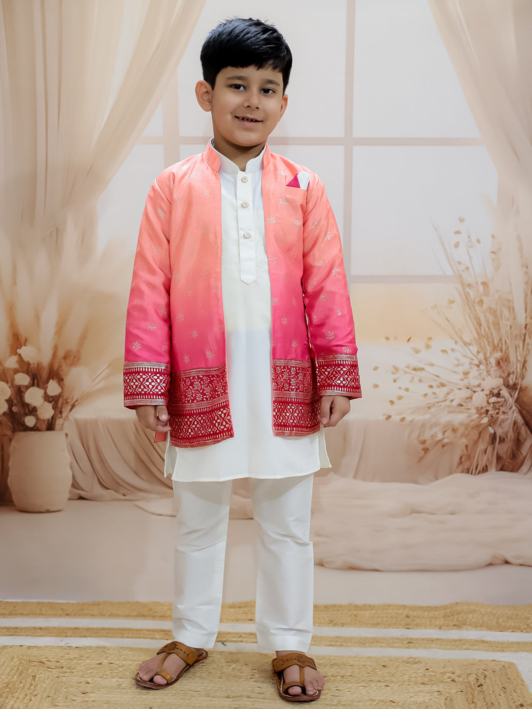 BownBee Sibling Set Shaded Long Jacket with Cotton Kurta Pajama with Off Shoulder Gown Dress- Pink