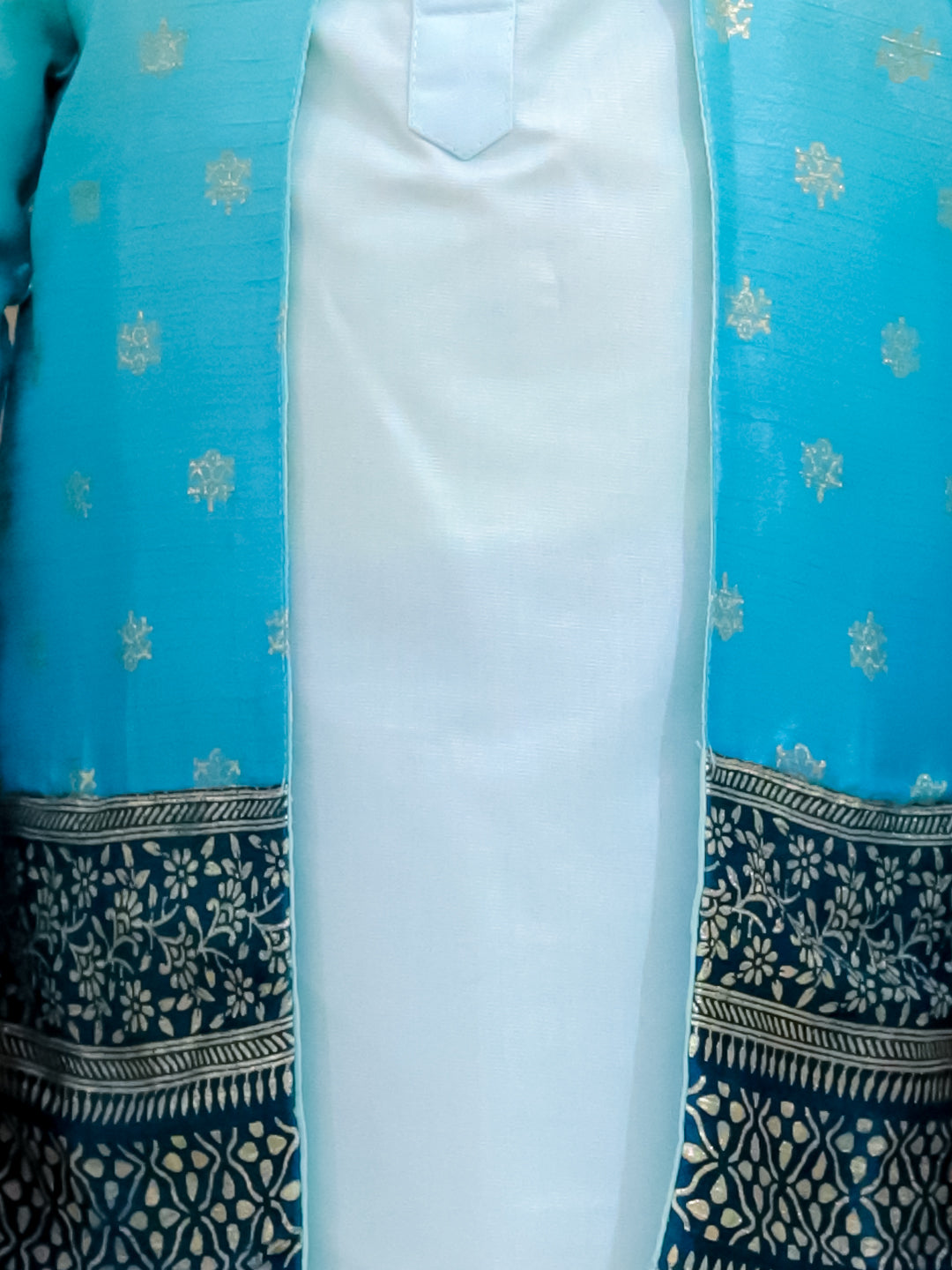 BownBee Sibling Set Shaded Long Jacket with Cotton Kurta Pajama with Off Shoulder Gown Dress- Blue