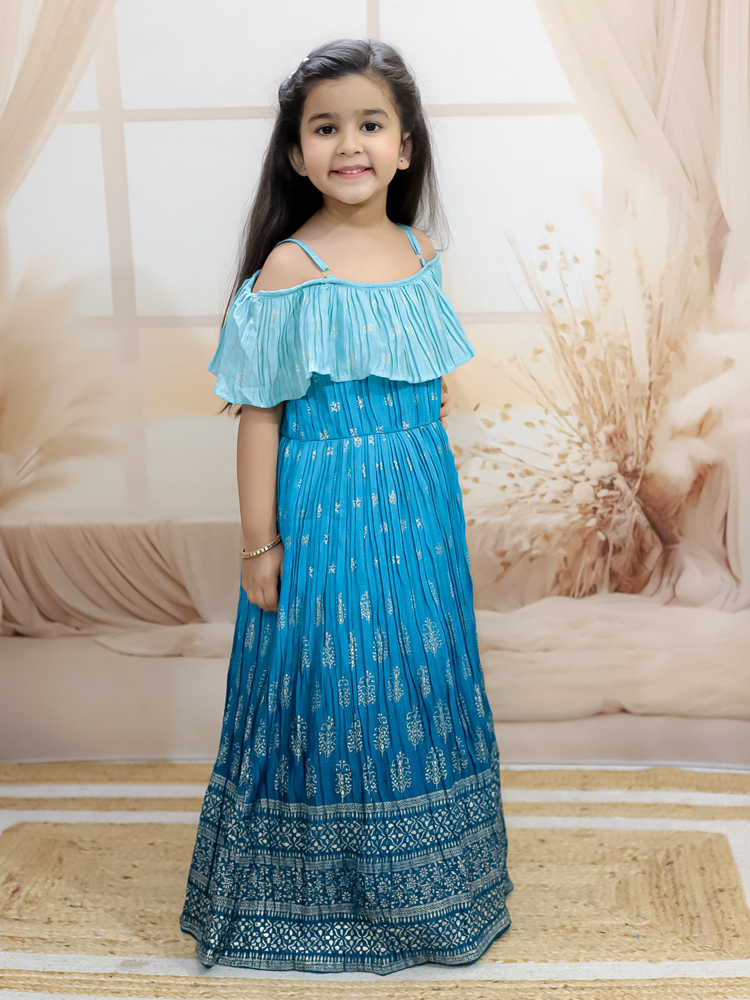 BownBee Foil Print Off Shoulder Gown Dress for Girls - Blue