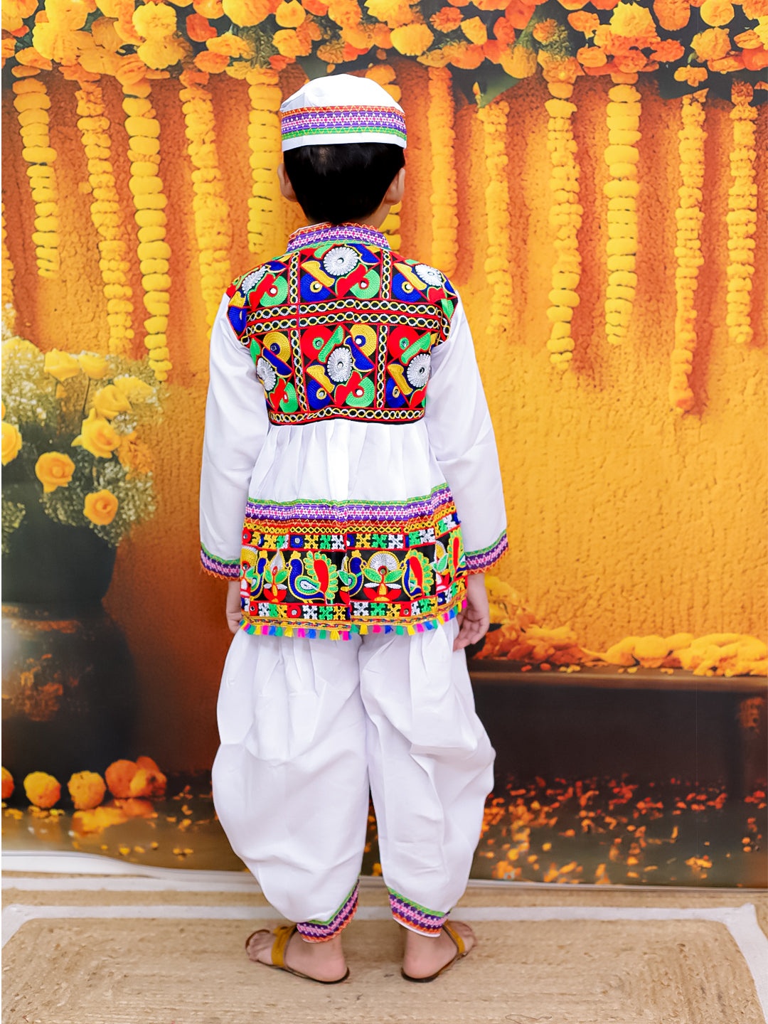 BownBee Embroidered kediya with Dhoti and Cap for Boys- White