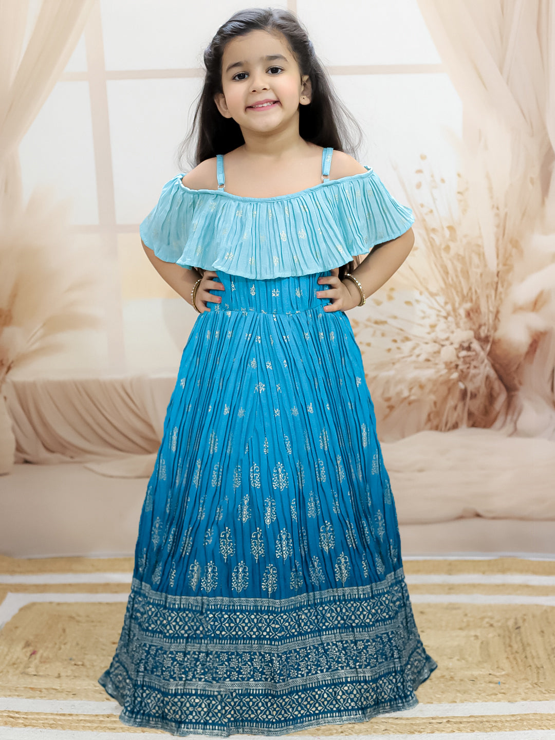 BownBee Foil Print Off Shoulder Gown Dress for Girls - Blue