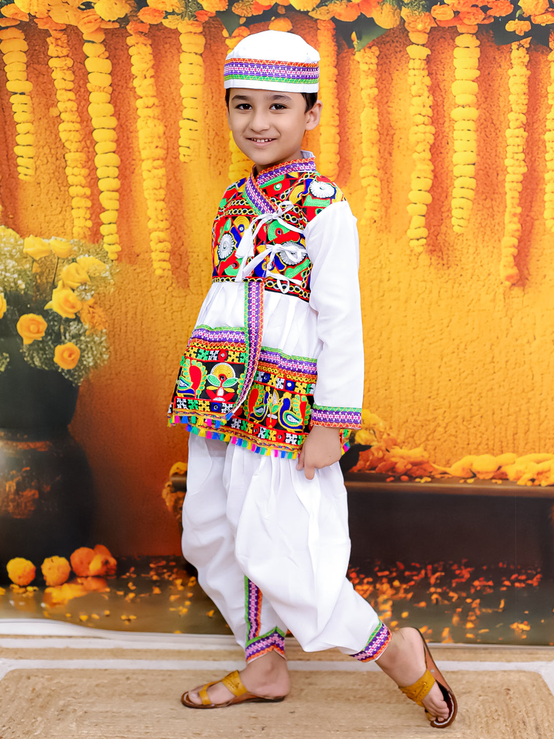 BownBee Embroidered kediya with Dhoti and Cap for Boys- White