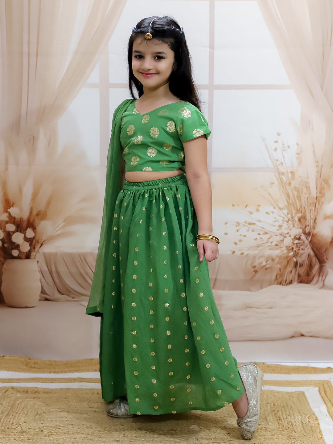 BownBee Pure Chanderi Choli with Lehenga & Dupatta for Girls - Green