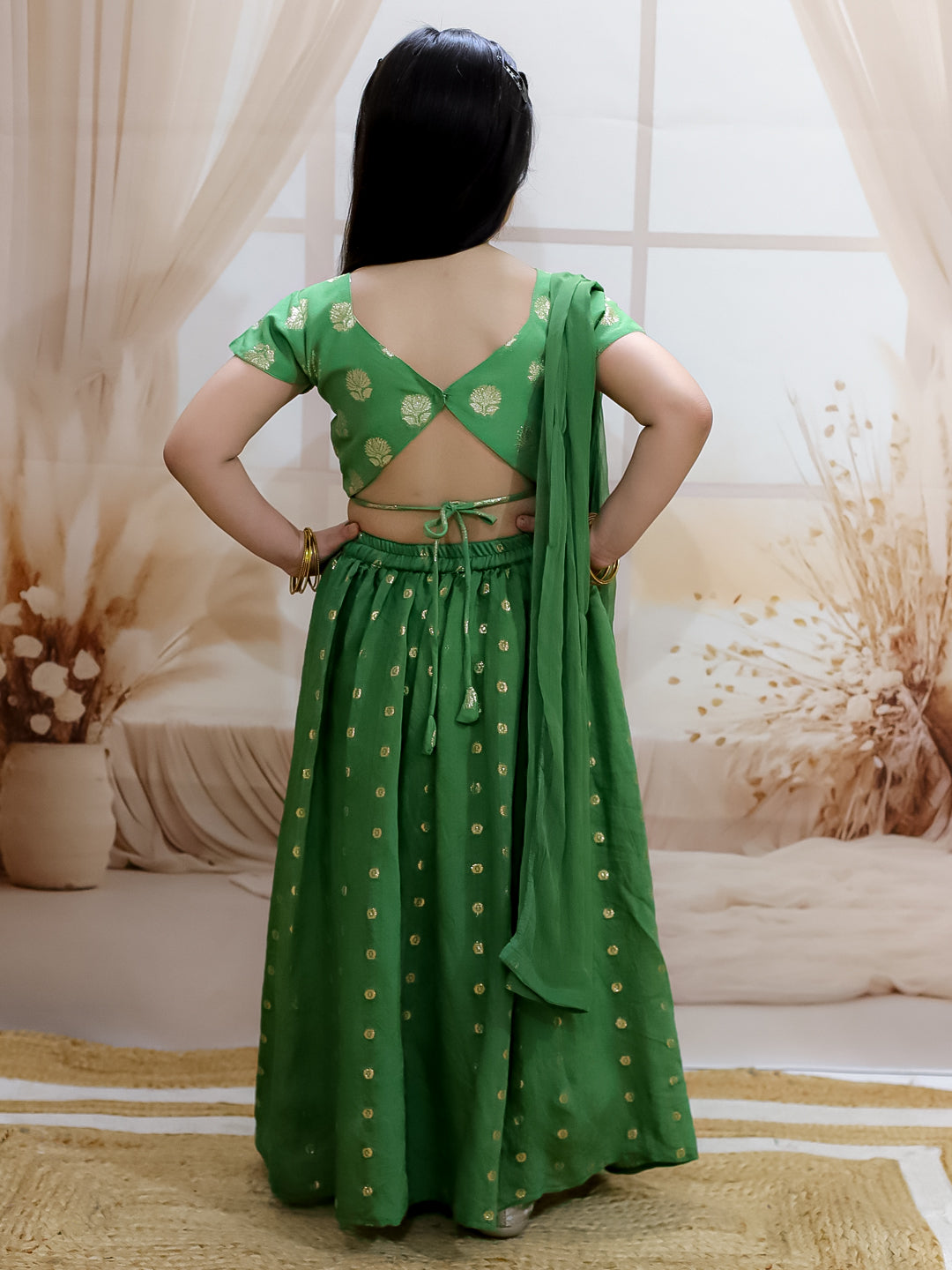 BownBee Pure Chanderi Choli with Lehenga & Dupatta for Girls - Green