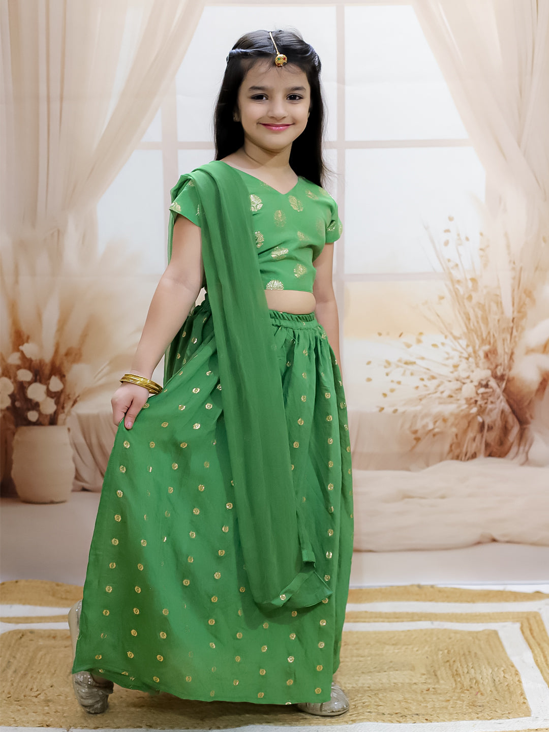 BownBee Pure Chanderi Choli with Lehenga & Dupatta for Girls - Green