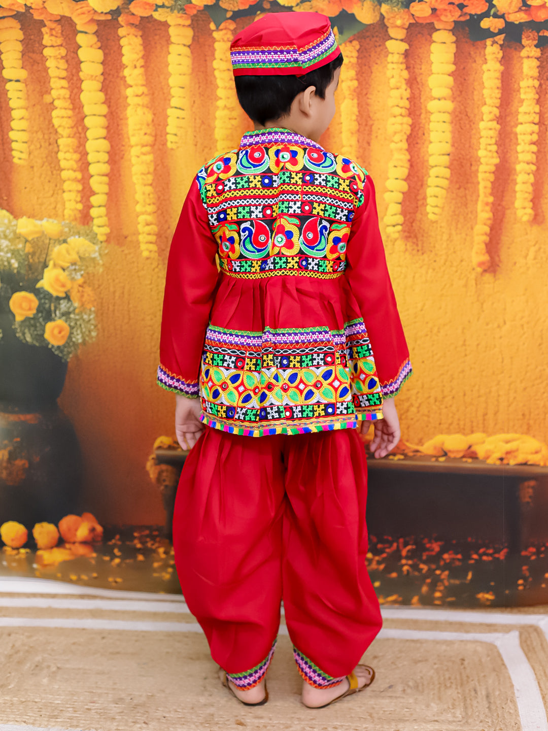 BownBee Embroidered kediya with Dhoti and Cap for Boys- Red