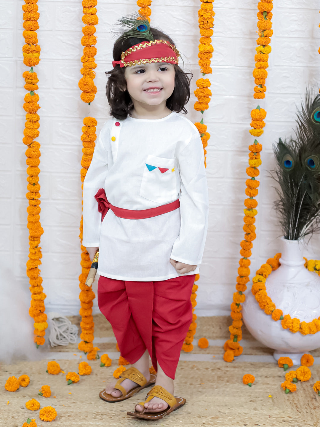 BownBee Cotton Full Sleeve Kurta Dhoti with Mukut Belt and Bansuri Kanhaiya Set For Janmashtami - White