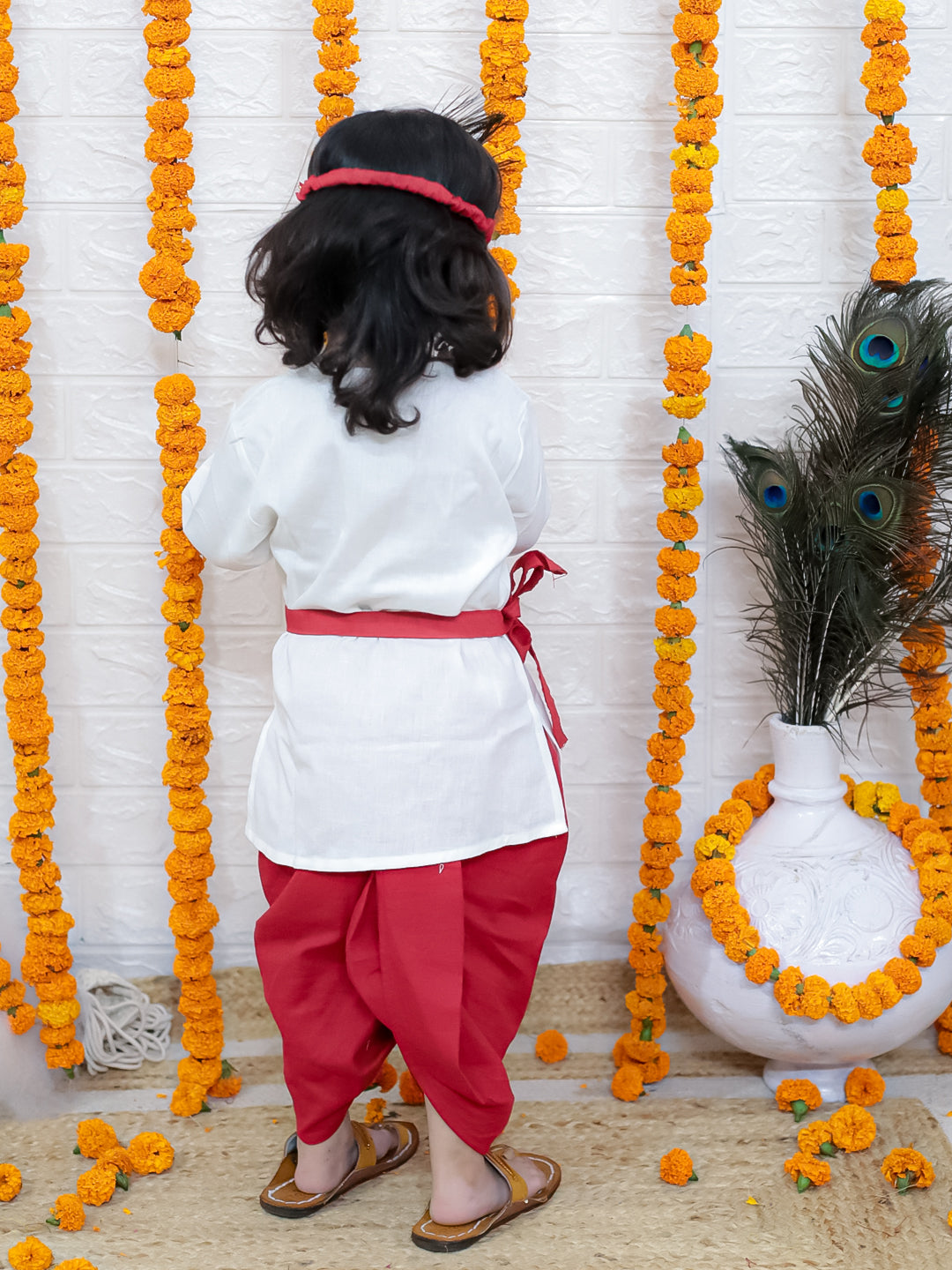 BownBee Cotton Full Sleeve Kurta Dhoti with Mukut Belt and Bansuri Kanhaiya Set For Janmashtami - White