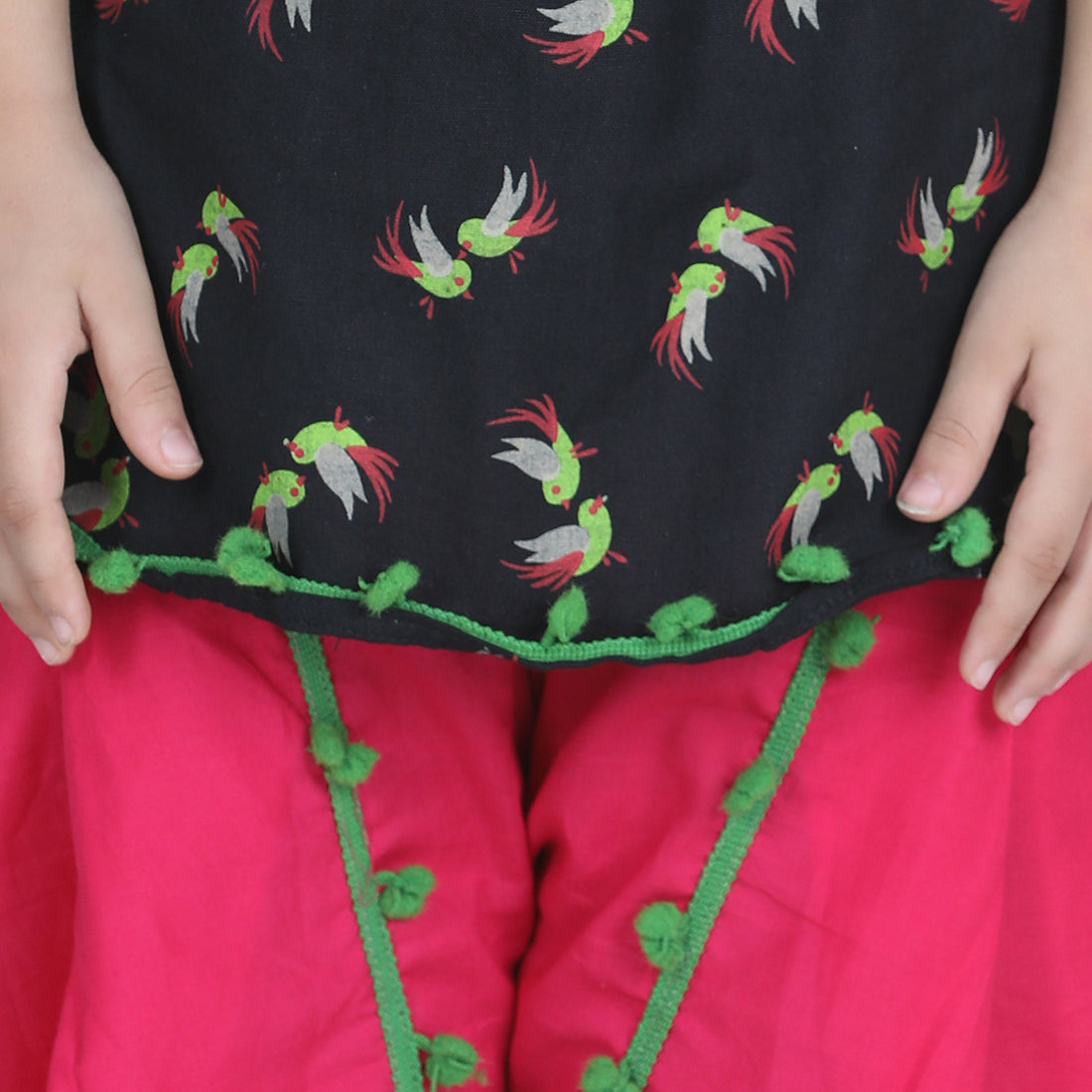 BownBee Half Sleeves Birds Printed Kurta & Sharara Set - Black & Pink