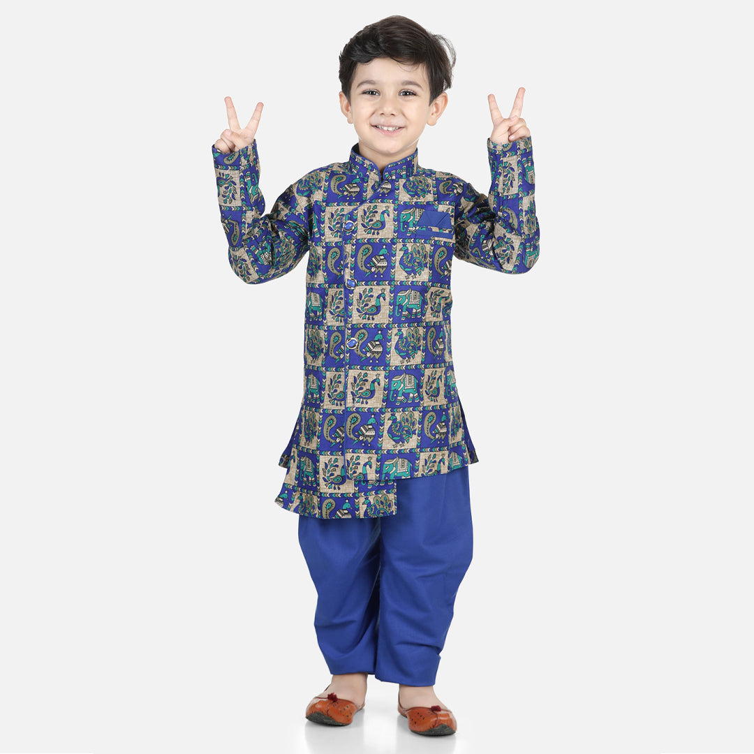 BownBee Boys Mor Print Full Sleeve Sherwani Payjama - Blue