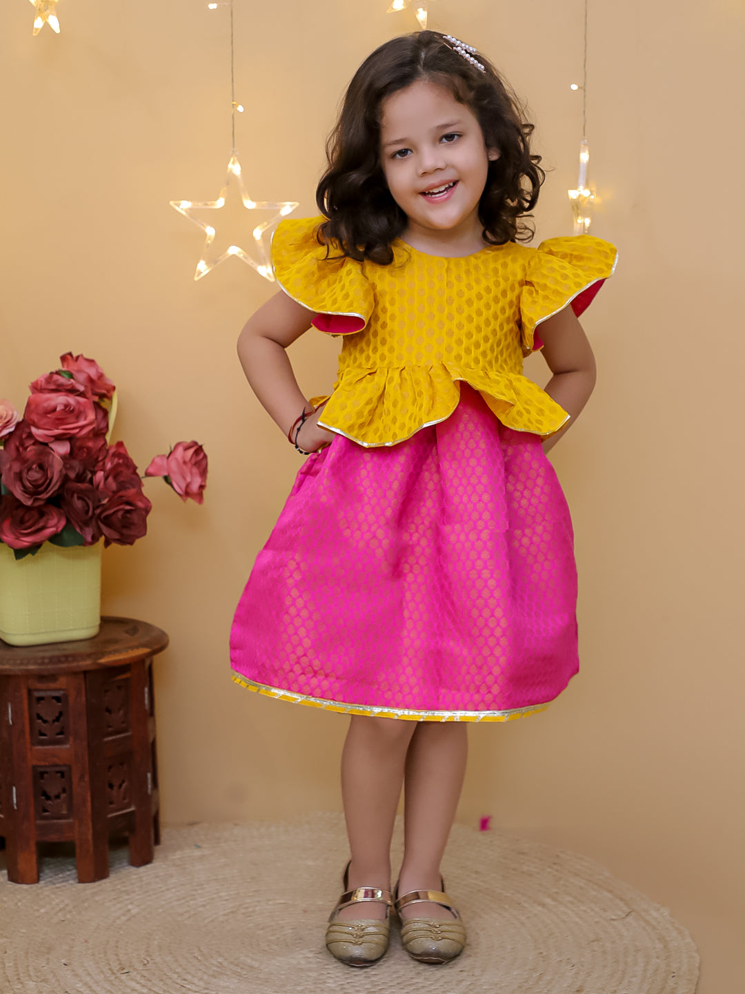 BownBee Ruffle Sleeve Golden Glow Frock For Girls - Yellow