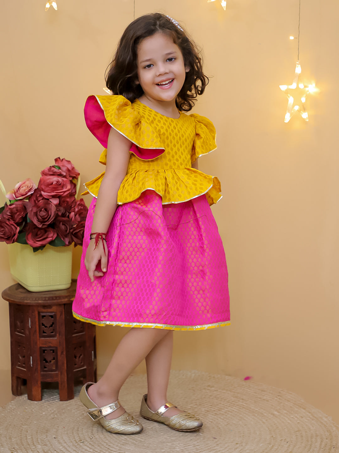 BownBee Ruffle Sleeve Golden Glow Frock For Girls - Yellow