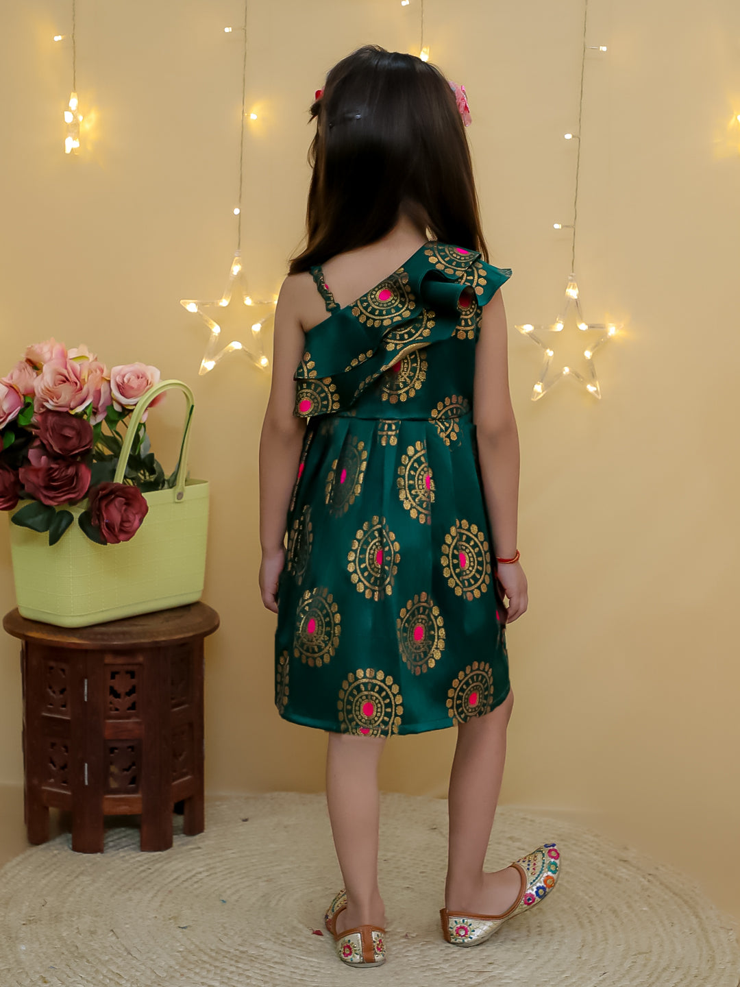 BownBee Party One Shoulder Ethnic Wear Frock - Green